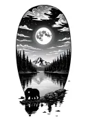 mountain outdoor with lake and bear silhouette under a night moon filled sky tattoo design idea