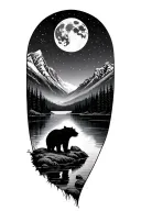 mountain outdoor with lake and bear silhouette under a night moon filled sky tattoo design idea