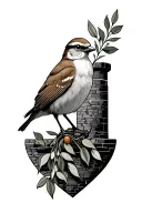 lark holding an olive branch sitting on castle tattoo design idea