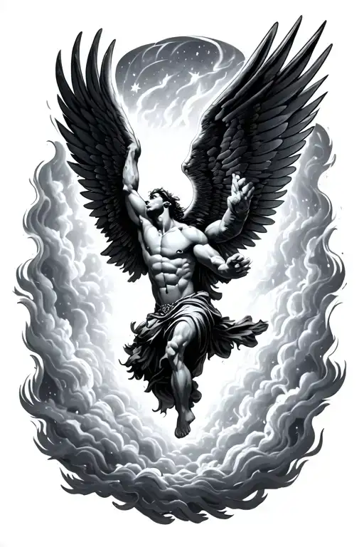 icarus facing up as he is falling from the sky full of stars with wings burning tattoo design idea