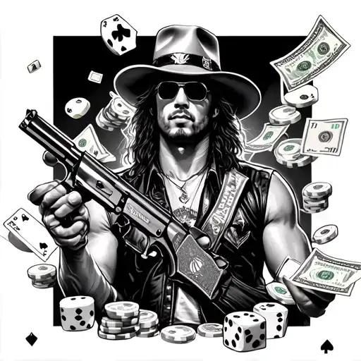 money flying, men with Guns N' Roses, casino chips, poker cards dice rolls tattoo design idea