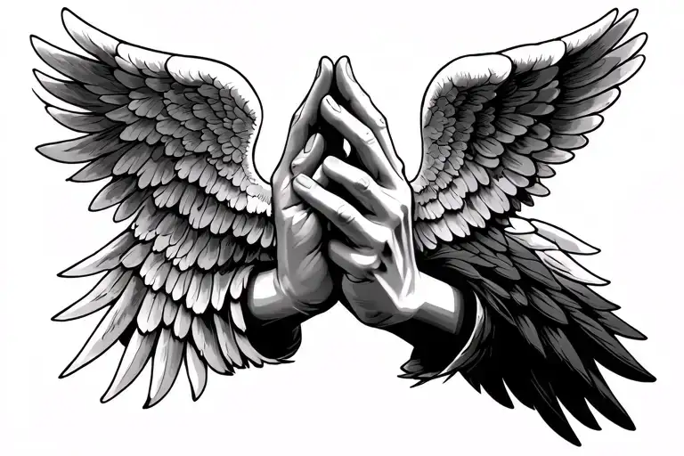 praying hands with angel wings tattoo design idea