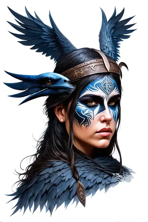 Viking woman, runes, raven, face painting tattoo design idea