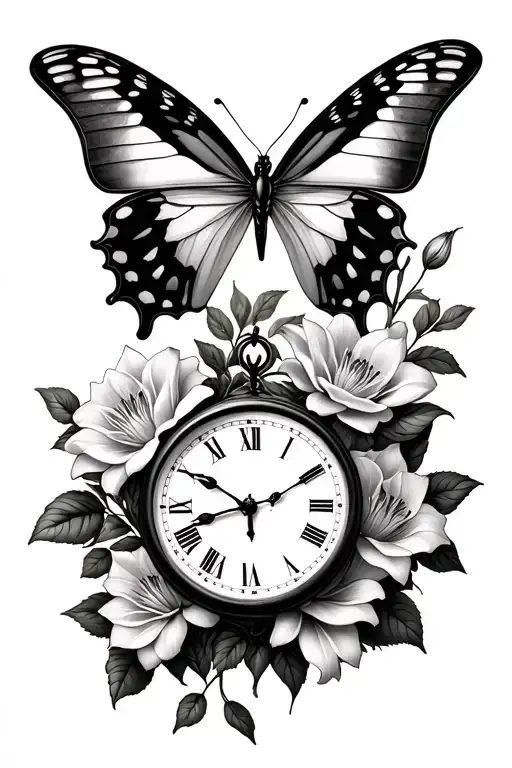 broken clock butterfly roses lilies blooming flower surrounded tattoo design idea