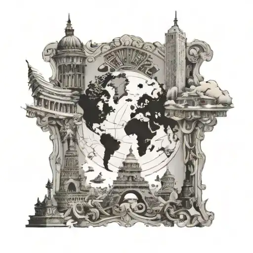 monuments of the world in a picture frame tattoo design idea