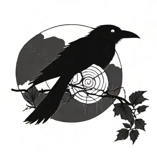A minimalist design of a crow perched on a branch with sharingan eyes in blackwork style tattoo design idea