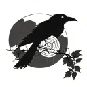 A minimalist design of a crow perched on a branch with sharingan eyes in blackwork style tattoo design idea