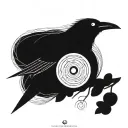 A minimalist design of a crow perched on a branch with sharingan eyes in blackwork style tattoo design idea