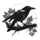 A minimalist design of a crow perched on a branch with sharingan eyes in blackwork style tattoo design idea