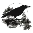 A minimalist design of a crow perched on a branch with sharingan eyes in blackwork style tattoo design idea