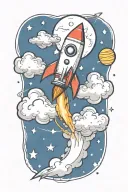 rocket flying in clouds with planets, stars, music notes flowing tattoo design idea