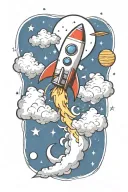 rocket flying in clouds with planets, stars, music notes flowing tattoo design idea