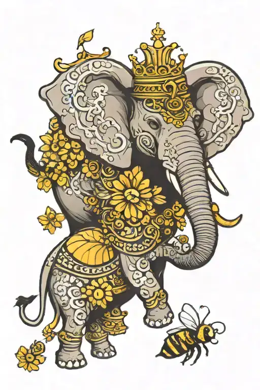 elephant with queen bee flying tattoo design idea