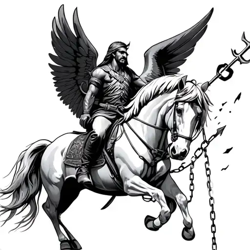 posoiden with a trident riding a draft horse with wings breaking chains trying to fly away tattoo design idea