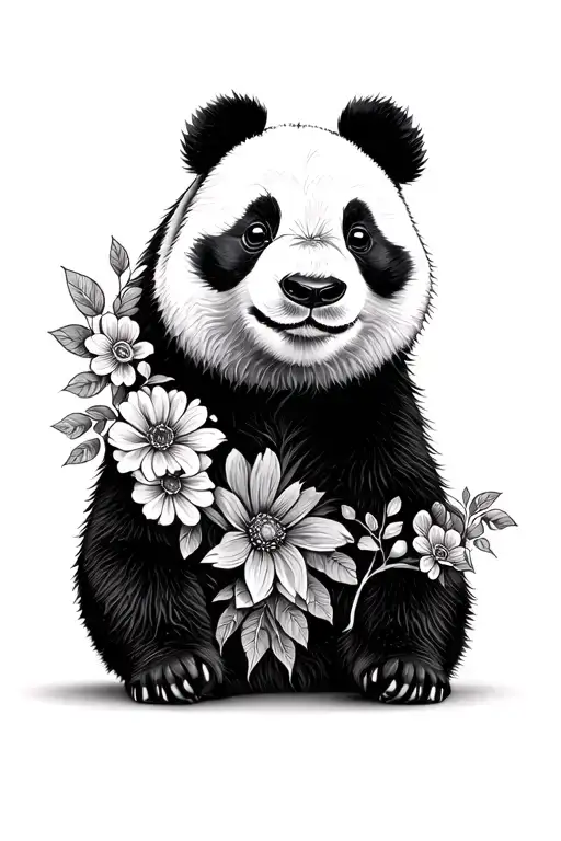 cute panda with half face as flowers  tattoo design idea