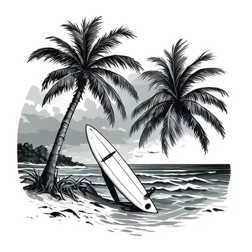 ocean scene to a beach that has a palm tree with a surf board leaning against it tattoo design idea