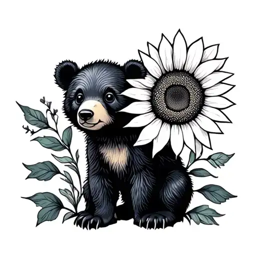 cute bear cub and sunflower tattoo design idea