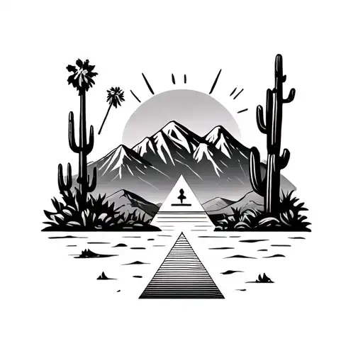 palm springs mountains with windmills and cactus and 3 triangles tattoo design idea