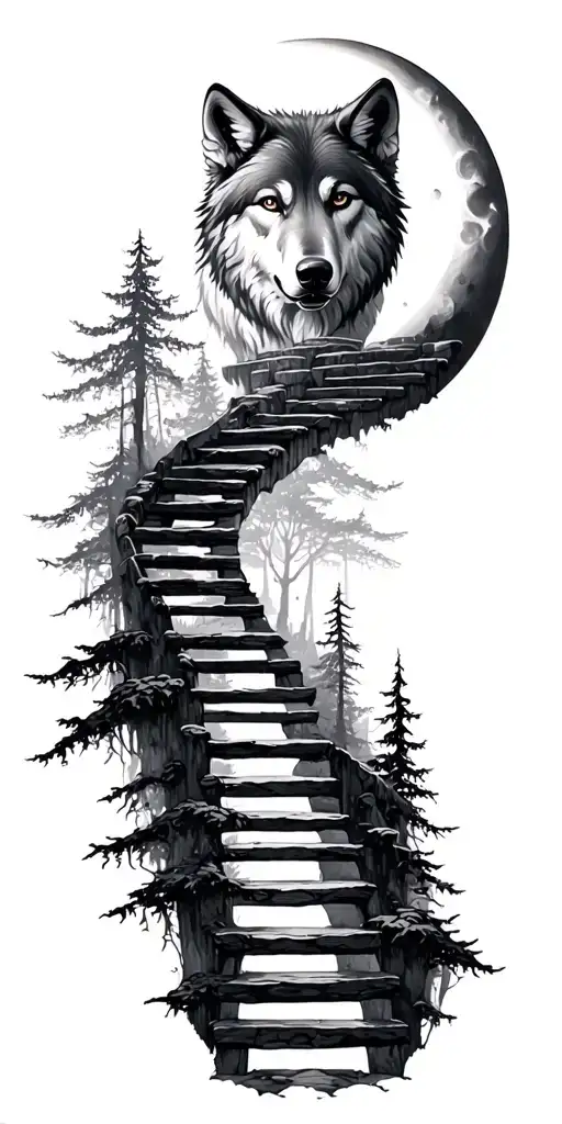 Sun and moon with lone wolf winding stairs and forest  tattoo design idea