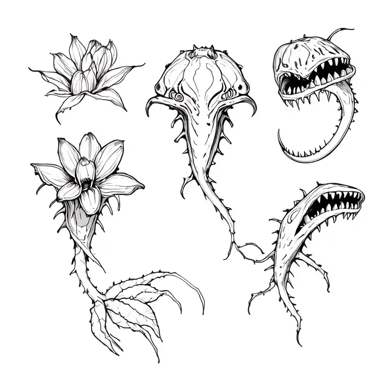 venus flytraps, some with half-open jaws, some gaping, and others flowering tattoo design idea