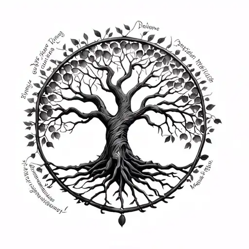 Create a tattoo with the tree of life combined with 10 names and birth dates to be made on the scapula, divided by gene tattoo design idea