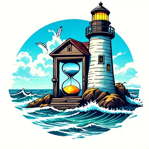 lighthouse with ocean waves crashing in the background with footprint as doorway, feather as a window, hourglass  tattoo design idea