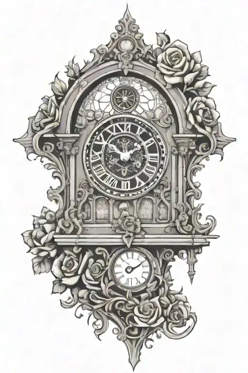 cuckoo clock gothic cathedral rose window filigree tattoo design idea