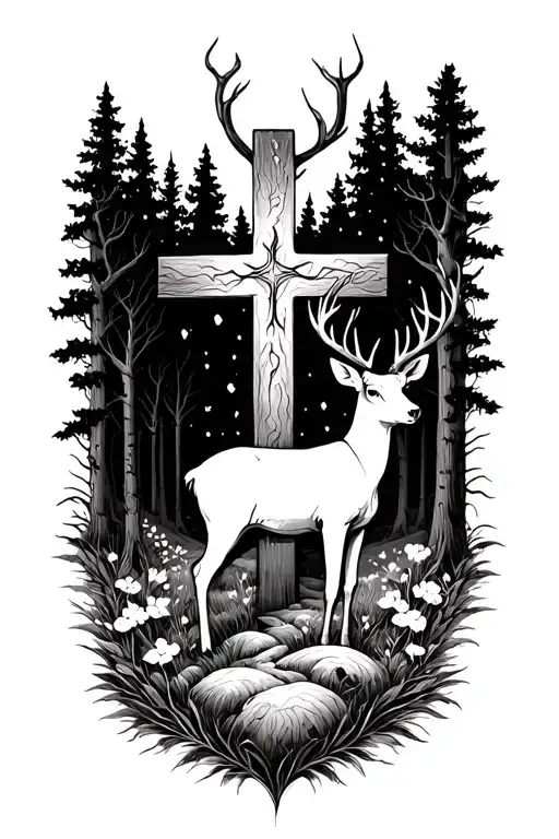 Cross surrounded by deer and forest scene tattoo tattoo design idea