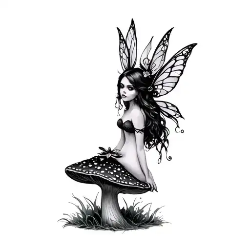 Gothic fairie on toadstool tattoo design idea