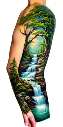 tree on shoulder river on wrist arm sleeve tattoo featuring a 4 stream waterfall tattoo design idea