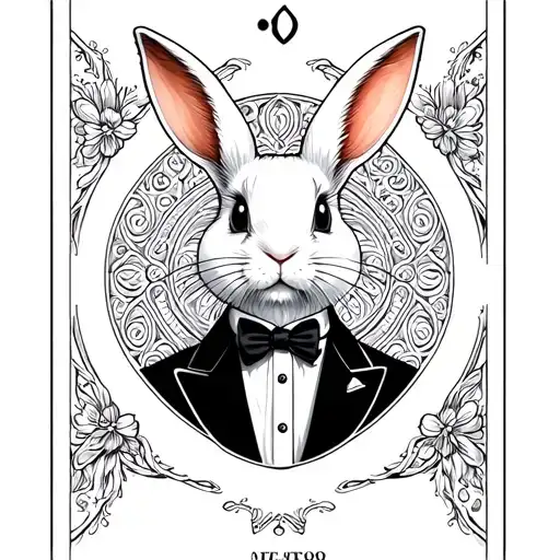 cute white rabbit in a tuxedo, filigree on background inside of a tarot card neo traditional  tattoo design idea