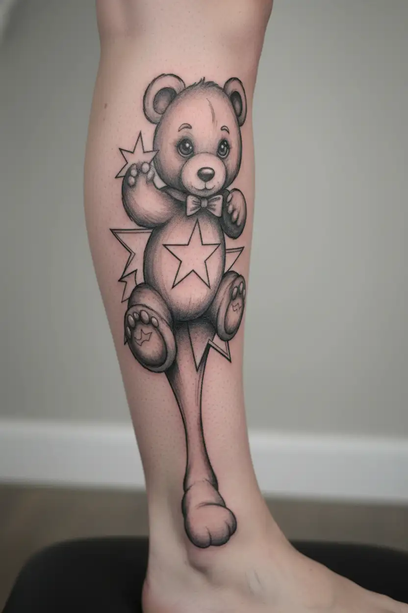 a teddy bear, a woman's eyes and a star tattoo design idea
