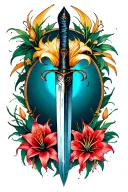 Heavens dagger pointed downward, with spider lily around the handle tattoo design idea