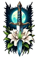 Heavens dagger pointed downward, with spider lily around the handle tattoo design idea