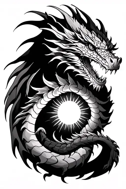 there must be a dragon in the amphiptere type and a few millimeters in front of it a sun tattoo design idea