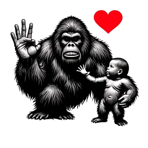 sassquatch holding up ASL sign for love in one hand and holding the hand of a baby sassquatch in the other. tattoo design idea