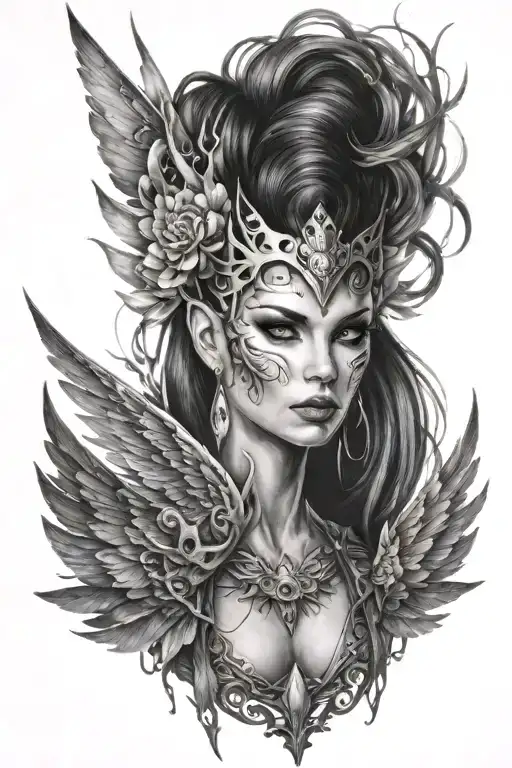 etherial warrior fairy queen energy wings and magic fierce tattoo design idea