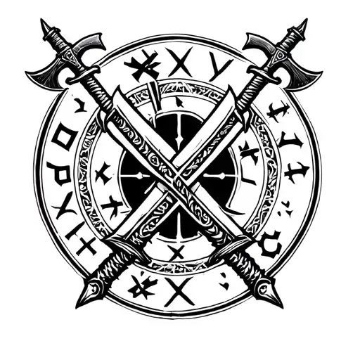 Viking Runes Brotherhood , Axes Crossed Swords And Xlv Written In Centre Of Symbol tattoo design idea