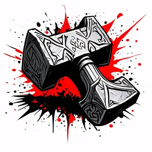 thor hammer in trash polka style add red tattoo design idea
