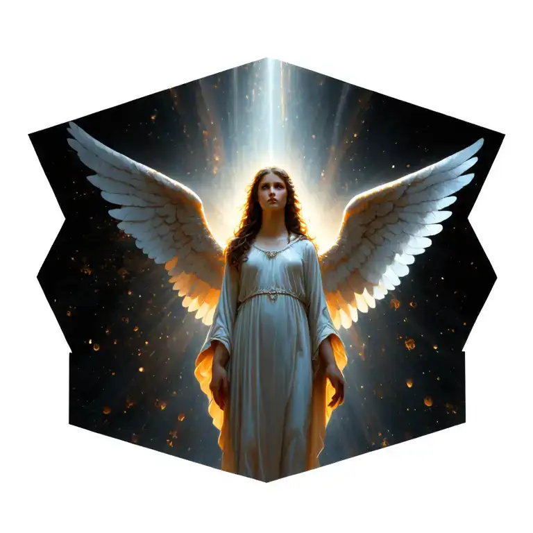 angel standing in a shaft of light rising up to paradise tattoo design idea