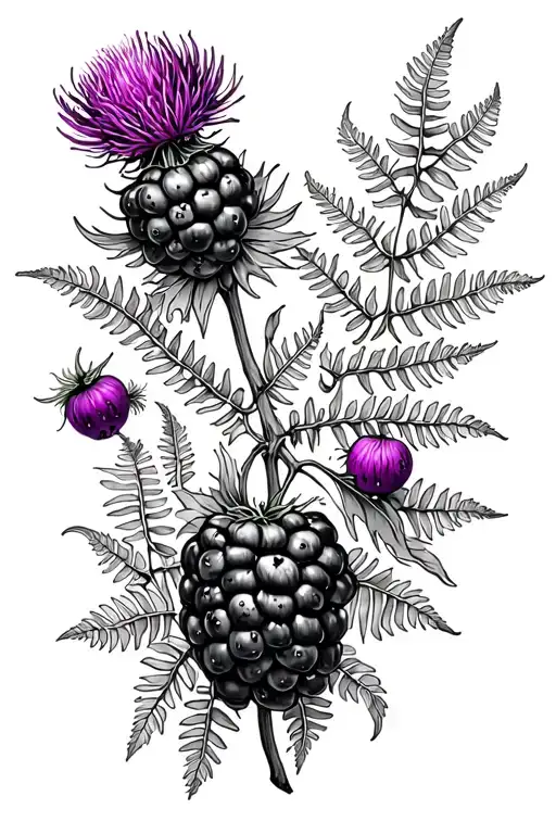 "Purple thistle up above" blackberry vines draping down left thigh, the occasional blackberry fruit, and flower. ferns peaking out from behind  tattoo design idea