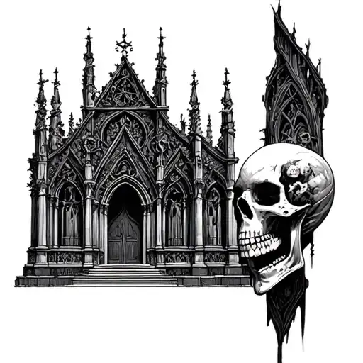 a gothic temple with skulls facing each other tattoo design idea