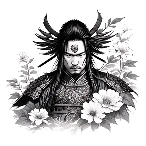 miyamoto musashi: warrior in a flower garden tattoo design idea