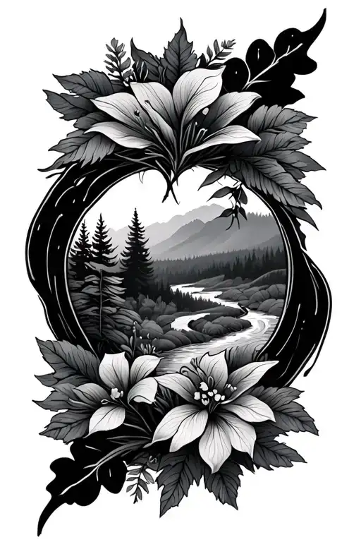 long and thin filler botanical themed trail winding through a forest suitable to fill a thin gap up leg tattoo design idea