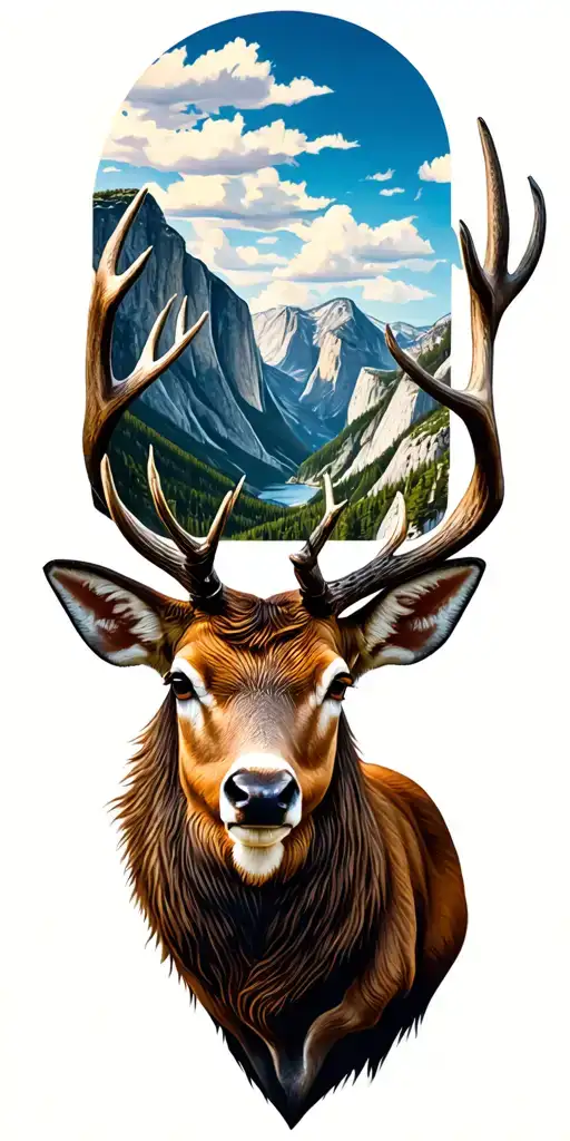 Yosemite valley and stag head tattoo design idea