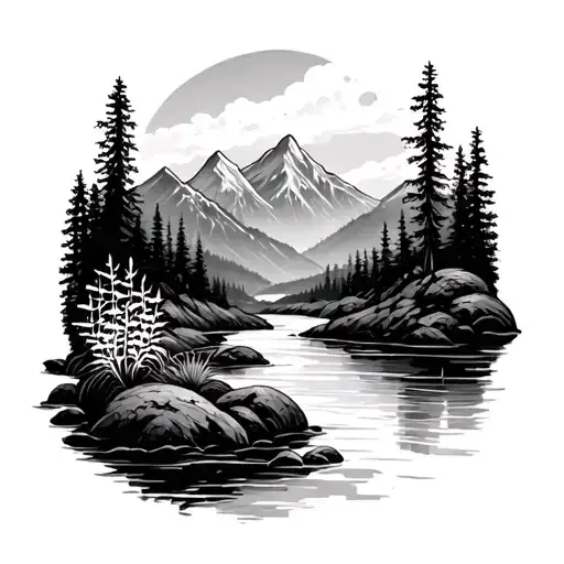 mountains valley tattoo featuring river and plants in foreground tattoo design idea