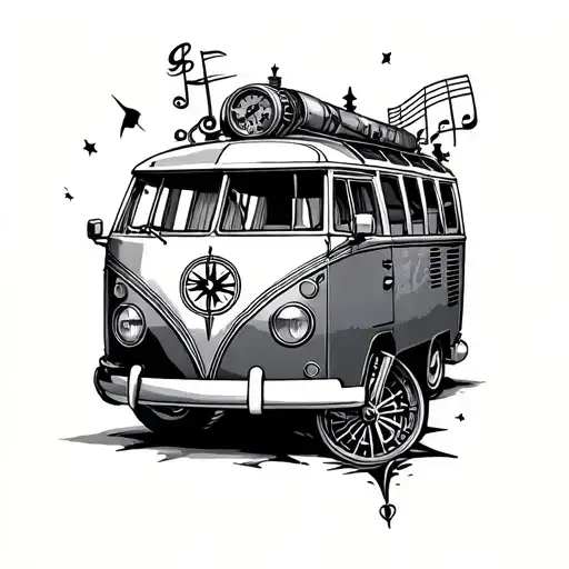 Steampunk,Campervan,Music,Compass tattoo design idea