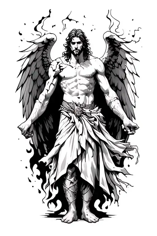 Damaged gothic male angel warrior with broken wings raising from flames and ashes tattoo design idea
