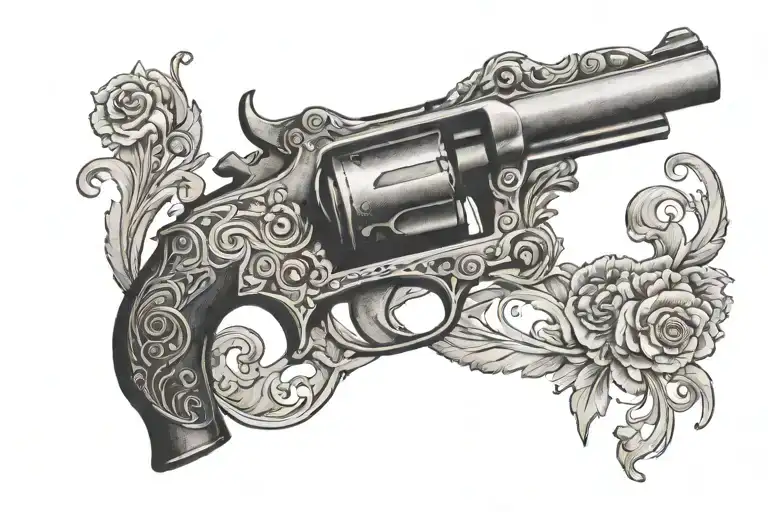 A minimalist revolver with a horse motif engraved on the handle and a leg garter tattoo design idea