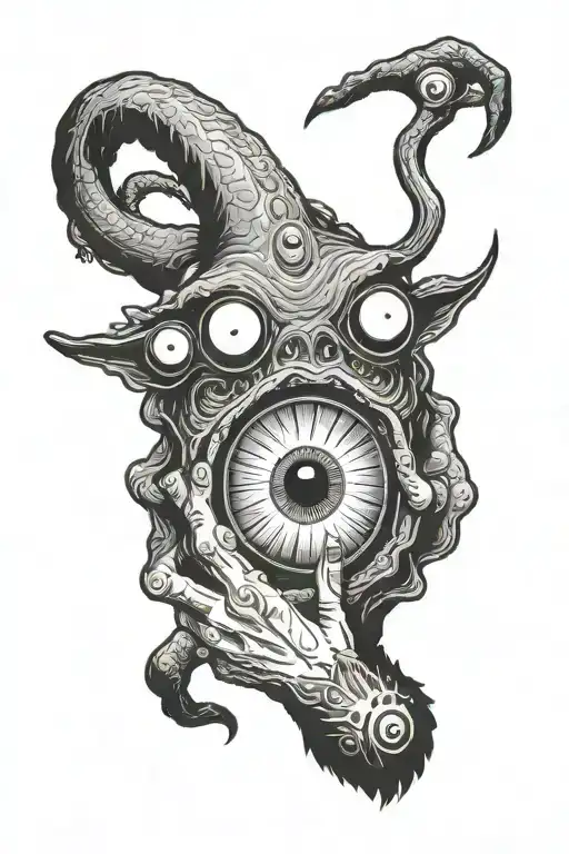 alien monster holdin an eyeball in hos hand tattoo design idea